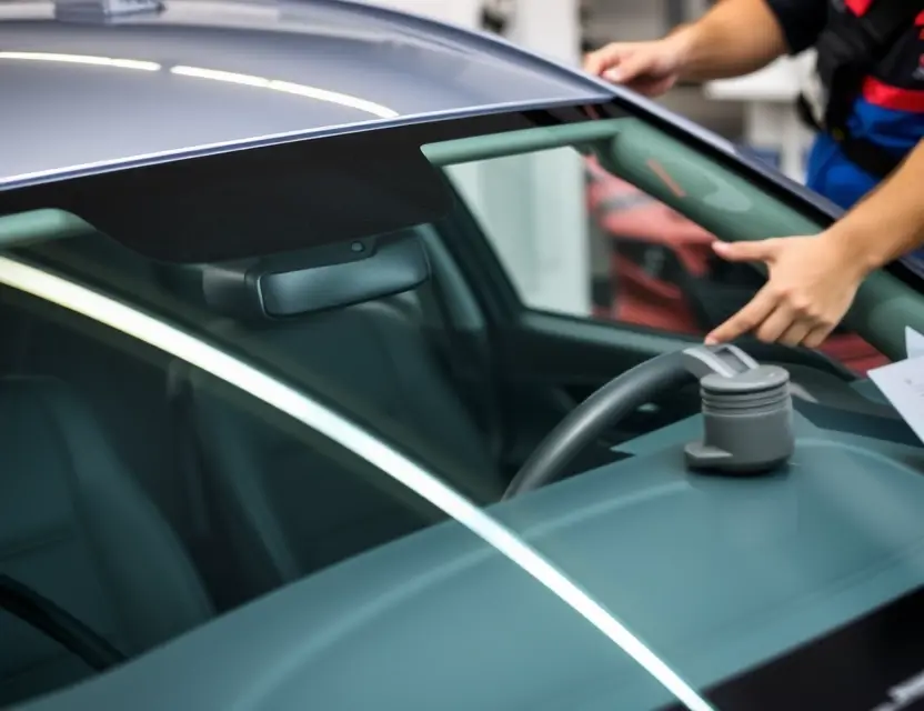 A close-up shot of a car windshield being replaced by a technician. The windshield is being replaced with a new Yangwang U9 glass. The car is a modern sedan. Focus on the replacement process and the quality of the new glass.