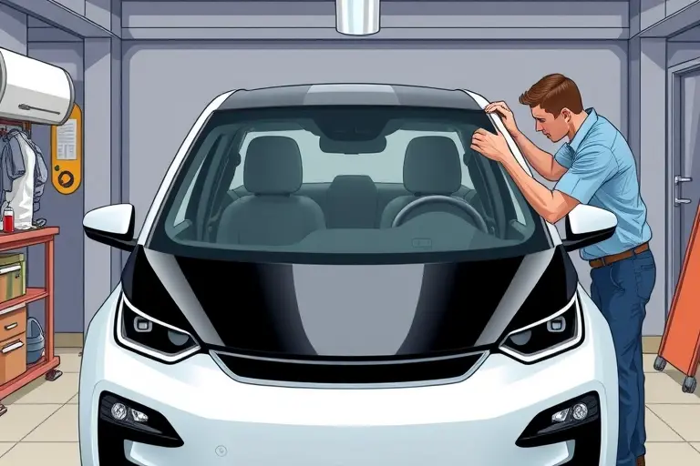 A detailed, realistic illustration of a mechanic in a garage replacing the windshield of an Innoson Ikenga electric car, showing the car's front, the new glass panel, and tools, with a clean, professional setting.