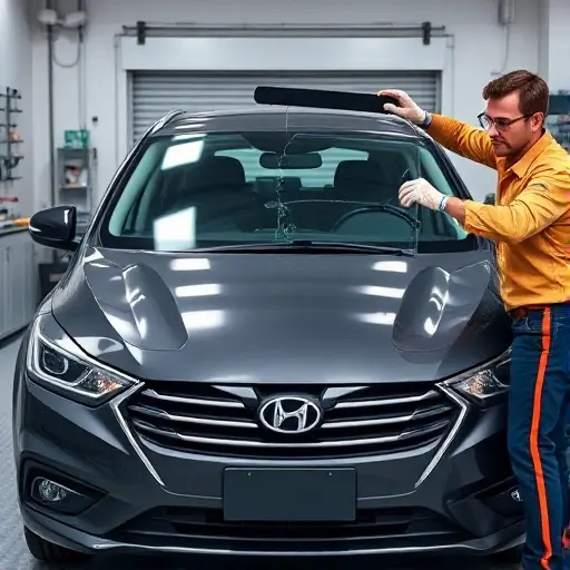 A Brilliance V3 sedan (model years 2016-2021) parked in a clean workshop, with a technician in safety gloves and goggles carefully removing the cracked windshield and holding a new windshield ready for installation. The scene shows the car's front view, the open windshield frame, professional tools like suction cups and a windshield removal tool, and a well-lit, organized garage environment.