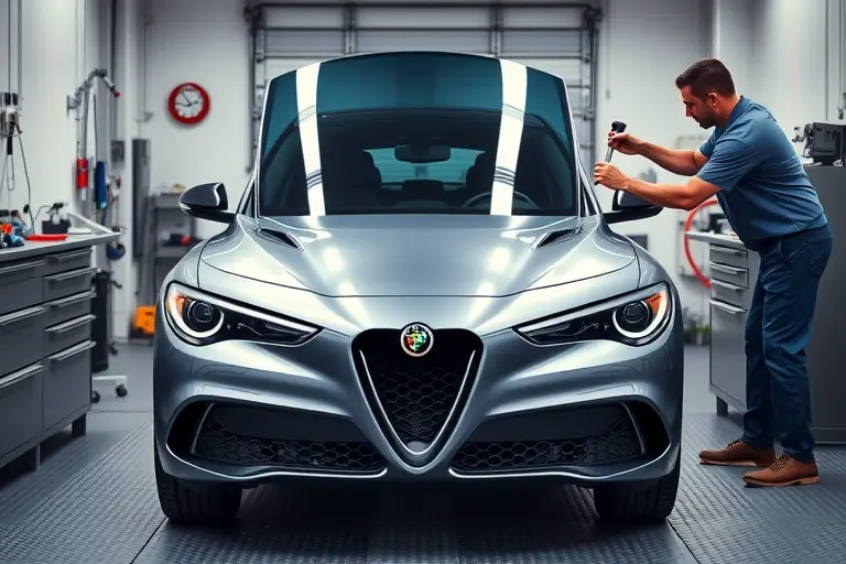 A high‑detail scene of an Alfa Romeo Stelvio 2.9 V6 Biturbo (510 hp) in a professional garage, with the front windshield being carefully removed and a new glass positioned by a skilled mechanic using specialized tools. The car is centered, showing the sleek silhouette and distinctive Alfa Romeo front design, while the surrounding environment includes clean workbenches, tool trays, and subtle lighting that highlights the glass replacement process. No text, logos, or unrelated objects are present.