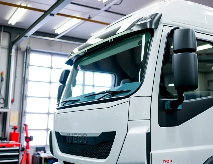 Замена лобового стекла Iveco A professional mechanic replacing the windshield of an Iveco truck in a well-lit garage, with tools and new windshield visible, no text or labels