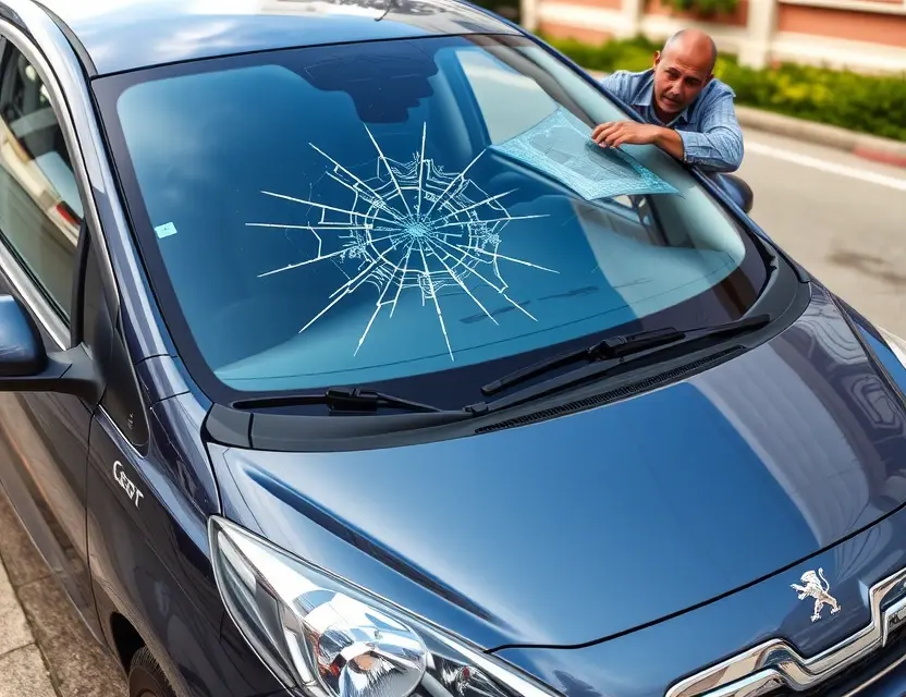 A Peugeot car with a cracked windshield, showing the process of windshield replacement. The car is parked on a street, and a mechanic is working on the windshield. Focus on the replacement process, highlighting the new windshield being installed.