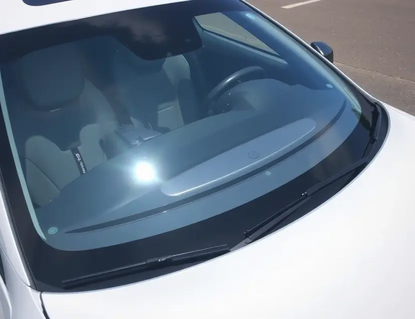 A Lucid Air Sapphire with a replaced windshield, showcasing the new glass. The car is parked on a clean, bright asphalt surface. Focus on the clarity and quality of the replacement windshield.