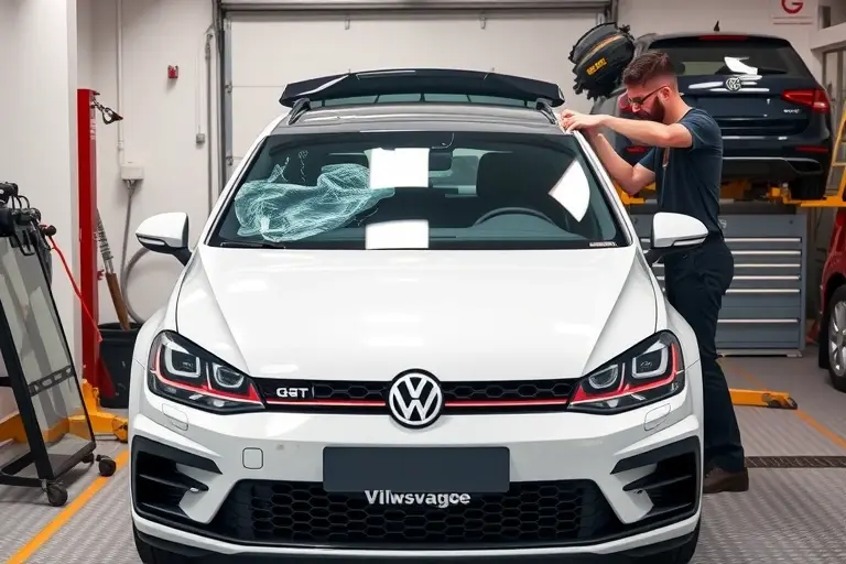 A professional mechanic in a clean garage is carefully removing the damaged windshield from a Volkswagen Golf GTI 2.0 TSI (245 hp) and installing a new clear windshield. The car is positioned centrally, showing the front view with the open windshield frame, tools like suction cups, a protective sheet, and a replacement glass ready. The scene is realistic, well-lit, focusing on the car and the replacement process, without any text or logos.