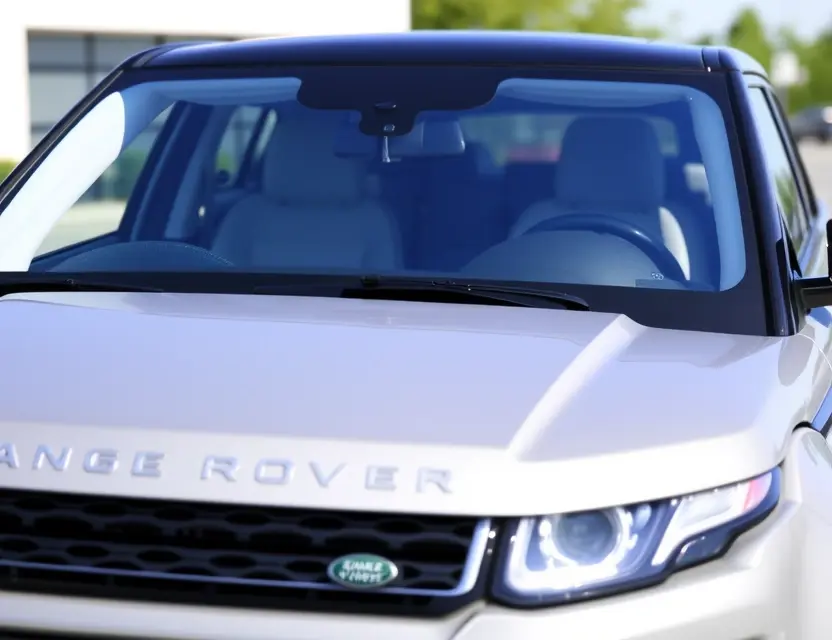 A Range Rover Evoque with a replaced windshield, showing the new glass installed. The vehicle is parked outdoors on a sunny day. Focus on the clarity and quality of the replacement windshield.