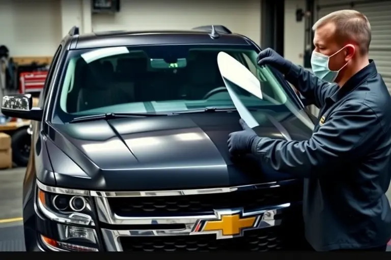 A detailed scene of a mechanic replacing the windshield of a Chevrolet Tahoe 3.0 Duramax Diesel 277 in a garage setting. The image shows the vehicle's front with the old windshield removed, a new clear glass panel being fitted, the mechanic wearing protective gloves and a face mask, using a specialized windshield installation tool. The background includes a workbench with automotive tools, a safety mat, and a subtle hint of a garage door. The focus is on the precision of the installation, the clarity of the new glass, and the professional environment.