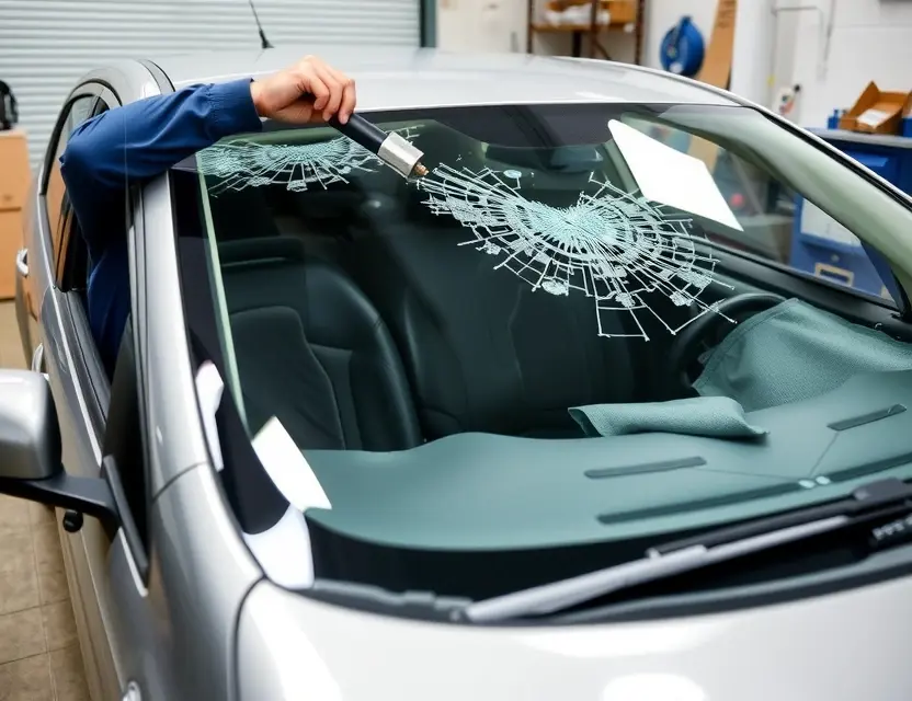 A Seres 5 car with a cracked windshield undergoing a windshield replacement service. A technician is shown working on the windshield, with tools and parts visible. The background shows a garage or workshop setting.