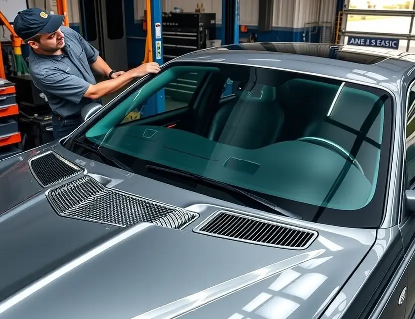 A high-quality image depicting the replacement of the windshield on a Bentley Arnage. The scene should show a mechanic working on the car, with the old windshield being removed and the new one being installed. Focus on the details of the windshield replacement process, highlighting the tools and equipment used. The Bentley Arnage should be clearly visible, showcasing its luxurious design.
