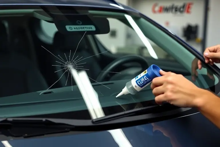 A close-up of a mechanic replacing the windshield of a 2021 Cupra Formentor VZ 2.0 TSI 310 hp. The scene shows the car’s front, the old cracked windshield removed, the new clear glass being fitted, with tools such as a suction cup, a sealant dispenser, and a protective cover. The background is a garage with subtle lighting, no text or digits visible.