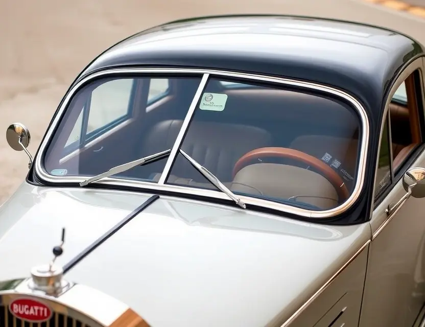 A Bugatti Type 41 Royale with a replaced windshield, showcasing the new glass. The car should be in a high-quality, detailed shot, emphasizing the craftsmanship and luxury. The background should be a neutral, elegant setting, perhaps a showroom or a scenic road.