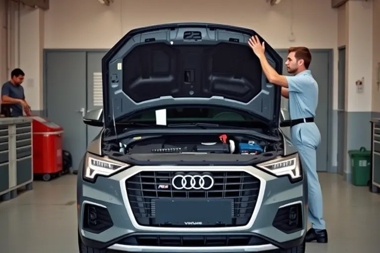 A realistic scene of an Audi Q2 (2016-2024 model) parked in a workshop with its front windshield being replaced. The car is centered, showing the open hood area and the windshield frame. A professional mechanic in a clean uniform is carefully positioning a new windshield, using standard automotive tools. The background is a tidy garage with subtle lighting, emphasizing the vehicle and the replacement process without any text or logos.