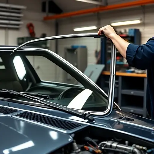 A detailed close-up of a mechanic replacing the windshield on a BMW 7er E23 (1977-1986) with a 3.2L 197hp engine. The scene shows the car's front open, the new glass being fitted, tools and a workbench in the background, all rendered in a high-quality, small format.