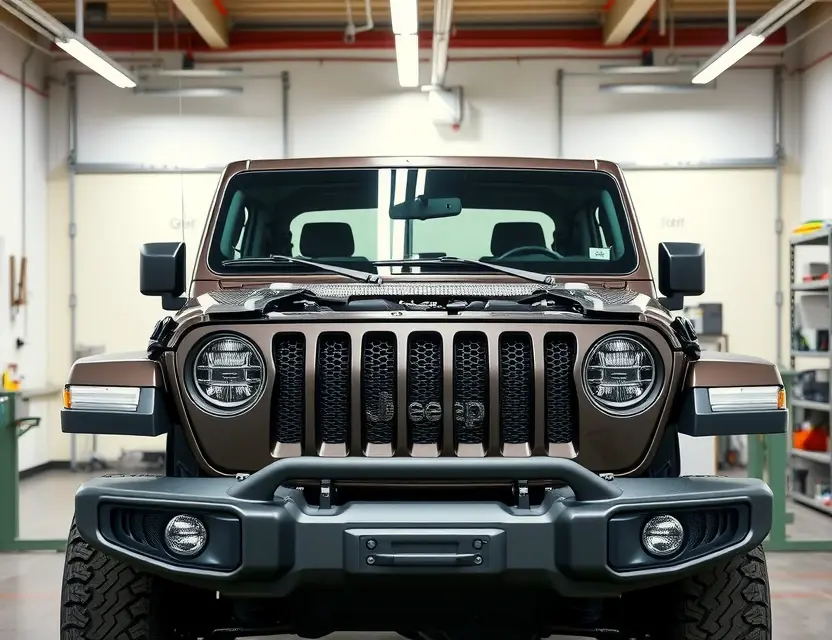 A high-quality, realistic photo of a Jeep Gladiator with its front windshield removed, showing the exposed frame and mounting points in a clean auto repair shop setting, with a new windshield resting on a nearby stand, bright studio lighting, sharp focus on the vehicle's front end, no people, no text, no logos