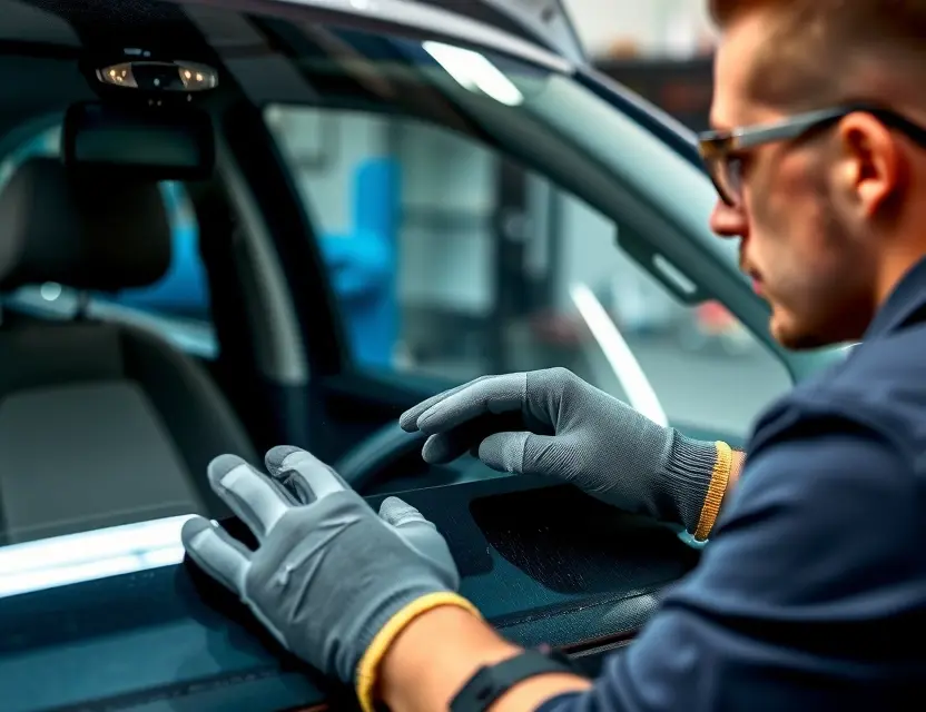 A close-up shot of a Vauxhall Corsa windshield being replaced by a mechanic. The mechanic is wearing safety glasses and gloves. The windshield replacement process is visible, showing the old windshield being removed and the new one being installed. Focus on the hands and tools involved in the repair.