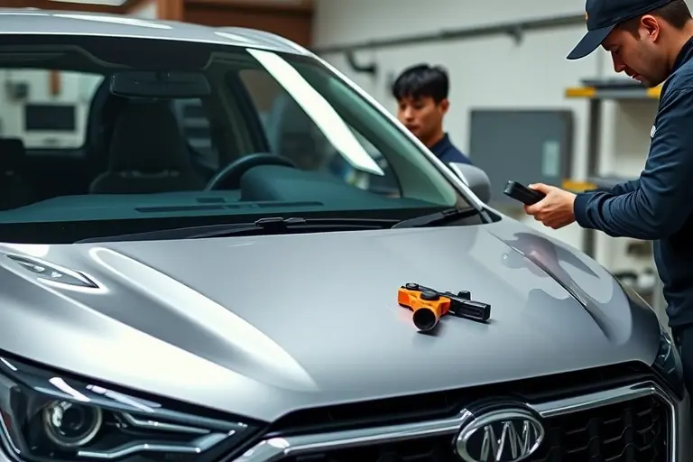 A realistic close-up of a mechanic installing a new windshield on a Changan UNI V 2.0 Turbo 233 hp (2022) car in a garage setting, showing the car's front, the new glass, and tools, with a clean, detailed automotive focus