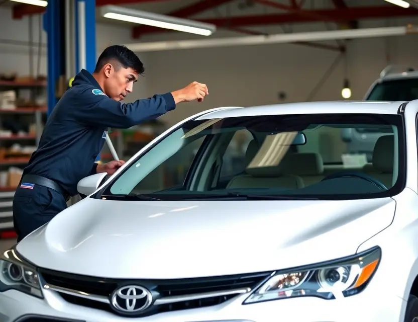 A professional mechanic replacing the windshield of a Toyota Camry in a well-lit auto repair shop, with tools and new windshield visible, no people in the foreground, focus on the car and the replacement process