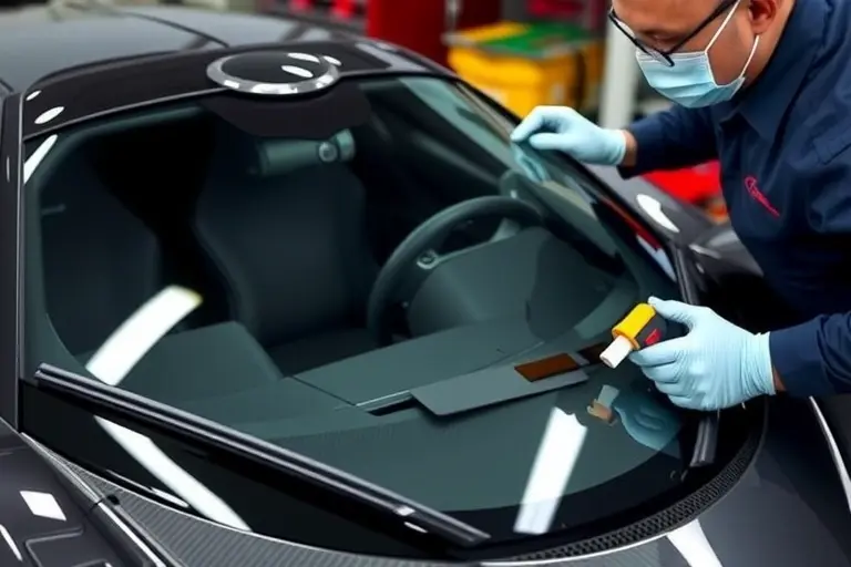 A detailed close‑up of a mechanic replacing the windshield of a Pagani Utopia 6.0 V12 Twin Turbo 864 hp. The scene shows the car’s sleek, aerodynamic body, the new glass panel being fitted, and tools such as a suction cup, a glass cutter, and a sealant dispenser. The mechanic is wearing protective gloves and a face mask, working in a clean, well‑lit garage environment. The focus is on the precision of the replacement process, with the car’s distinctive design and the new glass panel clearly visible.
