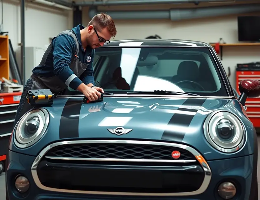 Замена лобового стекла Mini Cooper JCW A detailed scene of a professional mechanic replacing the windshield of a Mini Cooper JCW. The car should be in a well-lit garage with tools and equipment neatly arranged around. The mechanic should be wearing appropriate safety gear and using specialized tools for the task. The windshield should be partially removed, showing the process in progress.