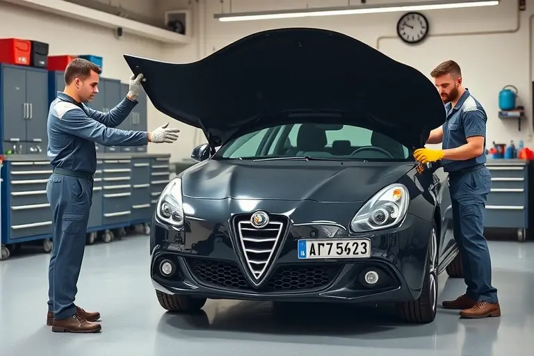 A realistic scene of an Alfa Romeo Giulietta 2.0 JTDm 140 hp parked in a modern auto repair garage, with the front windshield being removed. The car's hood is open, a technician in a clean uniform and safety gloves is using a suction cup tool to lift the glass, while another technician holds a replacement windshield ready to install. The garage has bright lighting, organized tool cabinets, and a clean floor, emphasizing the professional windshield replacement process.