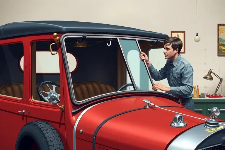 A detailed, realistic illustration of a 1928 Imperia TA 8 1.6 L 45 hp car with its windshield partially removed, showing the interior of the windshield frame and a mechanic in period-appropriate work clothes carefully fitting a new glass pane. The scene should include classic automotive tools, a workbench with a small work lamp, and the car’s vintage bodywork visible. The background is a simple garage setting with subtle period décor, no modern elements or digital graphics. The focus is on the authenticity of the car’s design, the glass replacement process, and the mechanical work environment.