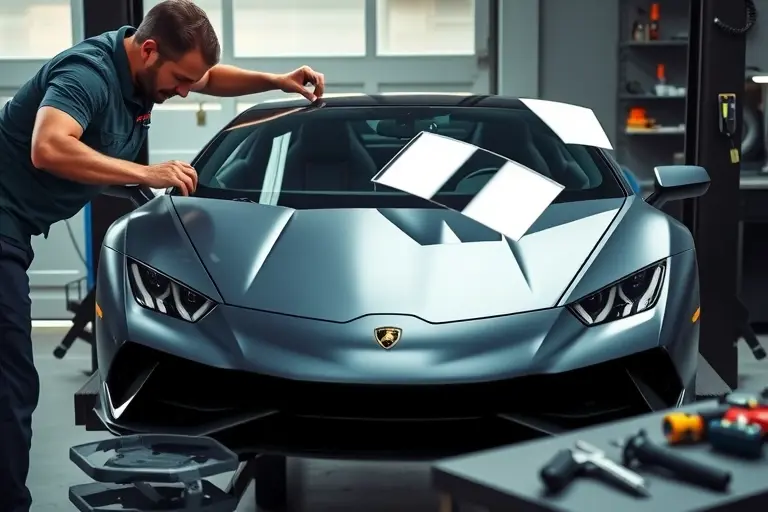 A detailed workshop scene showing a mechanic carefully removing the old windshield from a Lamborghini Revuelto V12 6.5 + 3 electric, and installing a new clear glass panel. The car is positioned on a lift in a modern garage, with tools and a replacement windshield displayed on a workbench. The focus is on the precision of the replacement process, with the car's sleek lines and the new glass reflecting light.