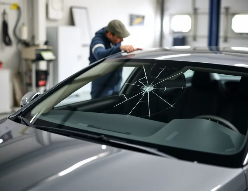 A Mercedes-Benz C-Class with a cracked windshield being replaced by a technician in a workshop. The focus should be on the replacement process, showing the new windshield being installed.