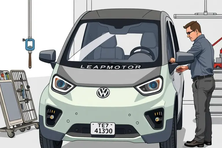 A detailed illustration of a mechanic replacing the windshield on a Leapmotor T03 electric car, showing the car's front, the new windshield, tools, and a technician in a work environment, with no text or lettering in the image