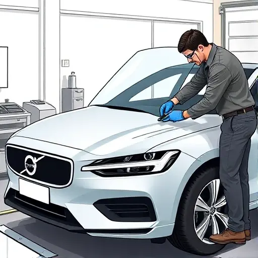 A detailed illustration of a 2019 Volvo V60 T8 Recharge PHEV with its front windshield being professionally replaced. Show the car from a slight side angle, focusing on the open hood area where the old windshield is being removed and a new glass panel is being positioned. Include a mechanic in safety gear (gloves, goggles) handling the windshield, with tools like suction cups and a rubber mallet visible. The background should be a clean, well-lit auto repair workshop with minimal clutter, emphasizing the car and the windshield replacement process.