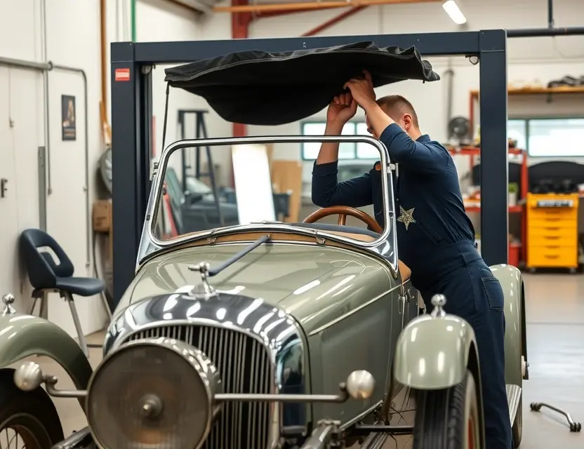 A vintage Chenard et Walcker automobile in a professional auto repair shop, with a mechanic carefully removing the old windshield and preparing the frame for a new glass installation. The scene is well-lit, showcasing the classic car's elegant design and the precision of the repair process. No text, logos, or watermarks are visible.