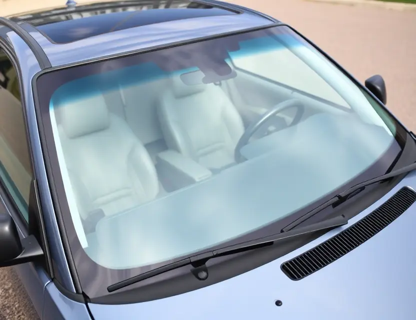 A high-quality image depicting a BMW 3er (E46) with a replaced windshield. The windshield is clear and new, seamlessly integrated with the existing frame. The car is parked outdoors on a clean, paved surface. Focus on the detail of the windshield replacement and the car's overall condition.
