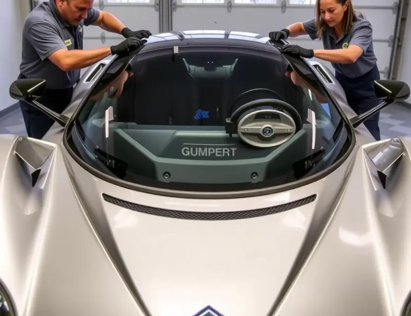 A detailed image of a Gumpert Apollo car with its front windshield being replaced. The car should be in a well-lit garage or service center, with technicians carefully removing the old windshield and preparing to install a new one. The car's sleek design and aerodynamic features should be clearly visible.