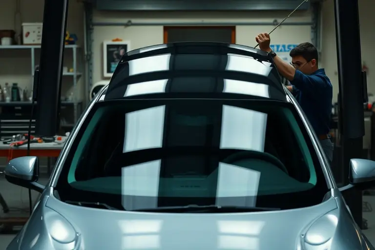 A realistic, high-detail scene of a mechanic in a garage replacing the windshield of a NIO ET5 electric car. The car is partially opened, the old windshield is removed, and a new windshield is being installed. The mechanic's hands and tools are visible, and the background shows a clean workshop with a workbench and tools. No text, letters, or digits appear in the image.