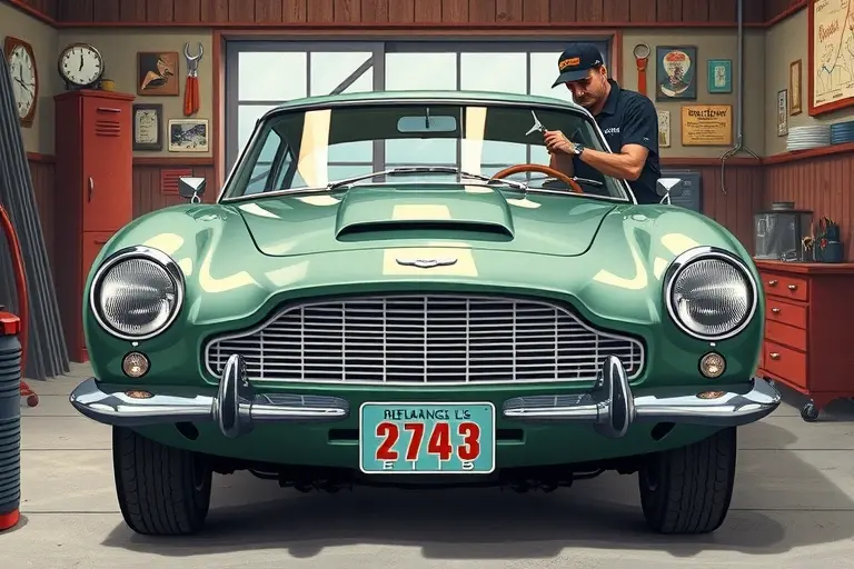 A detailed, realistic illustration of a 1967 Aston Martin DBS in a classic garage setting, focusing on the front view with the windshield being removed and a mechanic carefully handling the glass. The car should have its iconic sleek lines, chrome details, and period-appropriate colors, with tools and a clean workshop background, emphasizing the replacement process of the windshield.