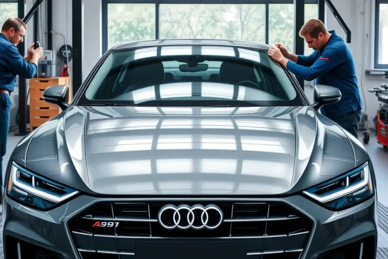 A high‑detail scene of an Audi A8 (6.0 W12, 2018‑2022) in a modern auto workshop, showing the front of the car with the windshield removed and a technician carefully installing a new glass using professional tools; the focus is on the sleek car body, the clean glass, and the precise work environment, with realistic lighting and reflections on the metal and glass surfaces