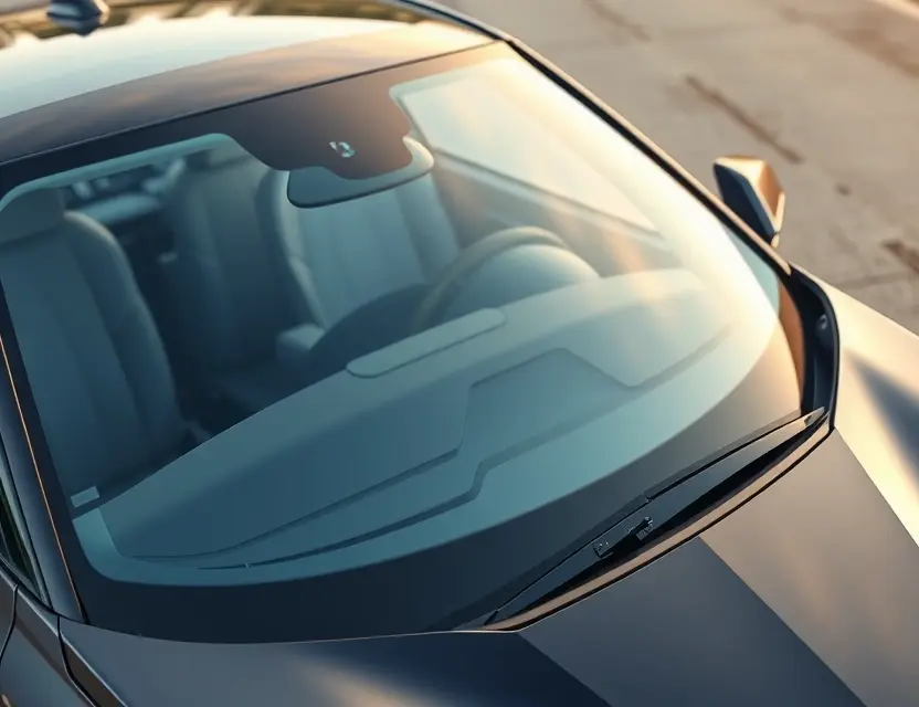 A high-quality image depicting a BMW iX with a replaced windshield. The windshield is new and clear, seamlessly integrated with the vehicle's design. The car is parked outdoors on a clean, paved surface. Focus on the detail of the new windshield and the overall aesthetic of the BMW iX.