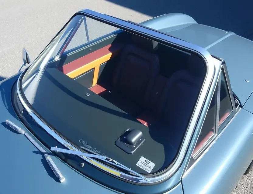 A Bristol Fighter car with a replaced windshield, showcasing the new glass. The car is parked on a clean, bright asphalt surface. Focus on the clarity and quality of the replacement windshield.