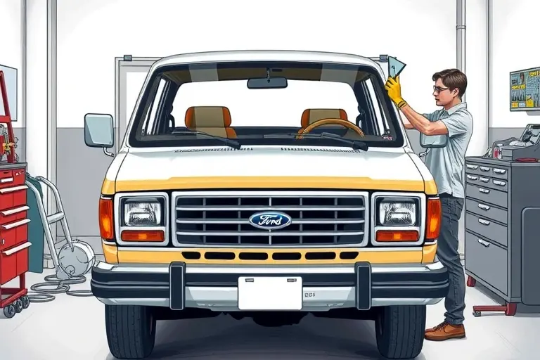 A detailed illustration of a 1978-1984 Ford AC 3000ME 3.0 V6 vehicle in a garage, showing the front of the car with the windshield being removed and a new windshield positioned, a mechanic in safety gloves and goggles handling the glass, automotive tools and a clean workshop background.
