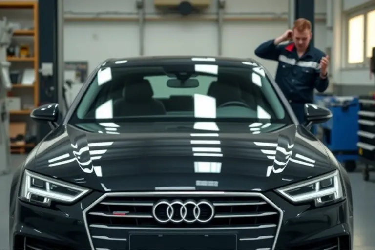 A professional mechanic in a clean workshop carefully removing and installing a new windshield on a 2019 Audi A4 2.0 TDI with 204 hp, showing the car from the front with focus on the glass area, tools like suction cups and a windshield removal tool visible, realistic lighting and detailed textures