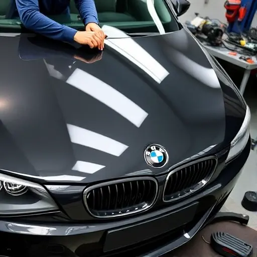 A close-up of a mechanic replacing the windshield on a 2010 BMW 1er E81 3.0 L R6 Turbo, showing the car's front, the new glass, tools, and a workbench, with no visible text or digits