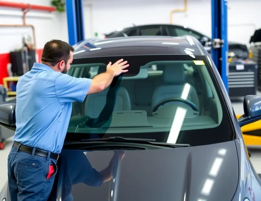 Замена лобового стекла Vector A car being serviced with a technician replacing the windshield of a Vector vehicle, showing the new windshield being carefully installed, professional automotive workshop environment with tools and equipment visible, clean and well-lit setting