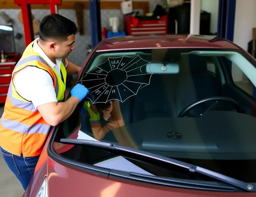 A Perodua Axia with a cracked windshield being replaced by a mechanic. The mechanic is wearing a safety vest and gloves, and the new windshield is being carefully installed. The background shows a garage setting with tools and equipment.