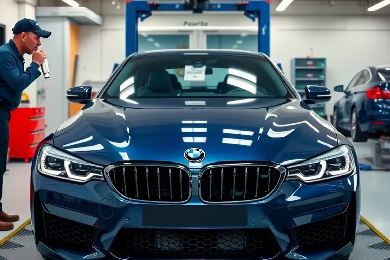 A detailed, realistic scene of an Alpina B4 Gran Coupe 3.0 R6 Biturbo 495 hp parked in a professional auto workshop. The front windshield is being removed by a skilled mechanic using specialized tools, with the glass lifted away and the car's sleek bodywork clearly visible. The workshop environment is clean, well-lit, with automotive equipment in the background, emphasizing the precision of the windshield replacement process.
