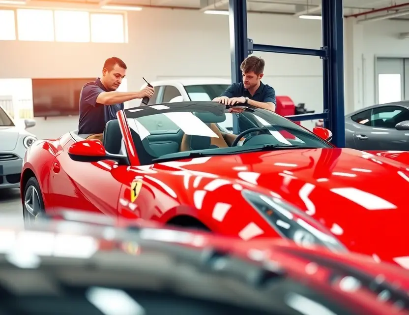 A professional auto repair shop scene where a skilled technician is carefully replacing the windshield of a sleek, red Ferrari Portofino. The car is positioned under bright, well-lit conditions, with the technician using specialized tools to ensure a precise fit. The shop is clean and organized, with other high-end vehicles visible in the background, emphasizing the premium service being provided.
