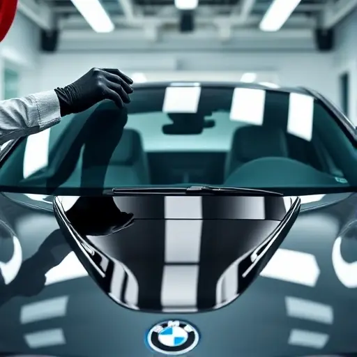 A professional close-up shot of a modern BMW i4 M50 electric car in a clean, bright automotive service center. The focus is on the front windshield area where a technician's hands in professional gloves are carefully installing a new, crystal-clear glass windshield. High-tech tools and suction cups are visible. Soft studio lighting, reflections on the polished car body, 8k resolution, cinematic composition, industrial luxury aesthetic.