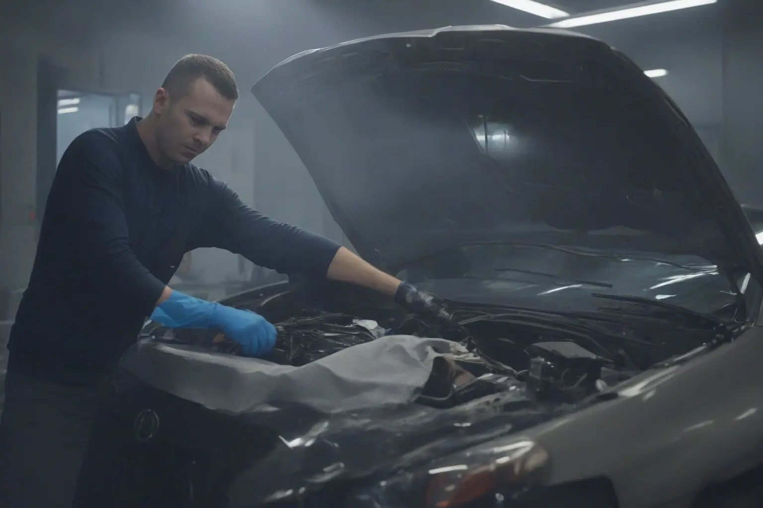 A professional mechanic in a clean workshop wearing blue gloves carefully installing a new windshield into a modern Acura sedan, the car is partially visible with the hood open, bright lighting, high detail