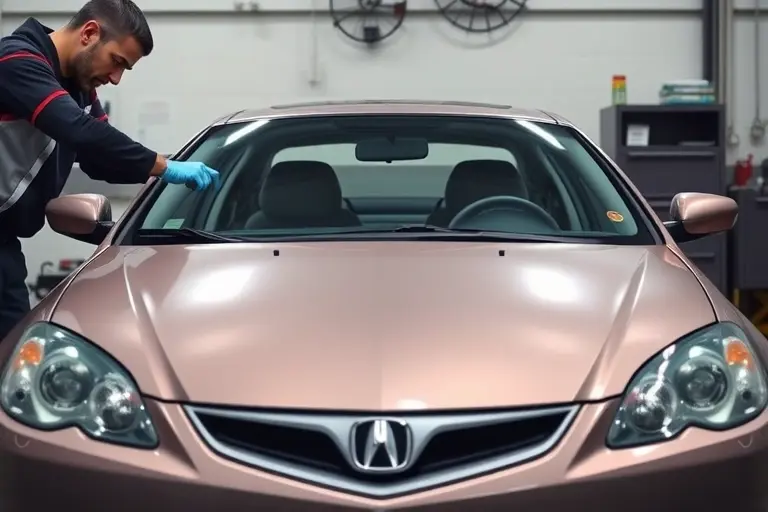 A detailed scene of an Acura RSX (2002-2006 model) in a garage, with a mechanic carefully removing the old windshield and installing a new one. The focus is on the car's front view, showing the windshield frame, tools like suction cups and a windshield removal tool, and the new glass being positioned. The setting is realistic with a clean workshop background, emphasizing the automotive repair process without any text or logos.