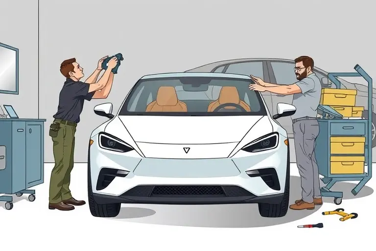 A detailed illustration of a mechanic replacing the windshield of a Cupra Born electric car, showing the car's front profile, the old windshield being removed, the new windshield being installed, with tools and a clean workspace, in a realistic style