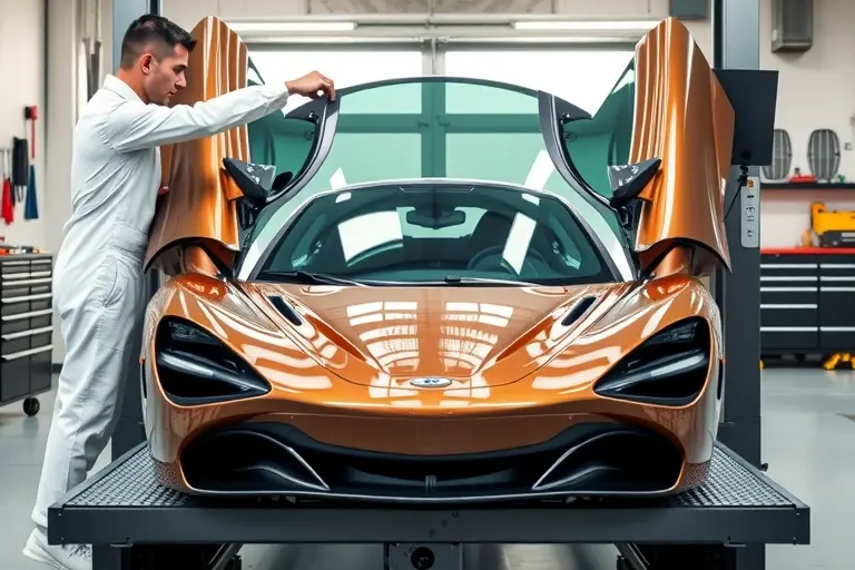 A high-resolution image of a McLaren 720S in a professional automotive repair shop. The car is on a hydraulic lift with its hood open, and a mechanic in white coveralls is carefully removing the old windshield. A new windshield is being positioned into place, showcasing the precision of the replacement. The background features a clean, well-lit garage with tools and a workbench, emphasizing the sleek, aerodynamic body of the car.