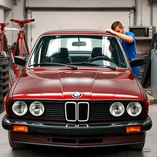 A mechanic in a garage replacing the windshield of a BMW 3er E30 1.6 L 90 hp (1982-1991) with a new glass panel, showing the car's front, the old windshield removed, tools, and a new windshield being fitted