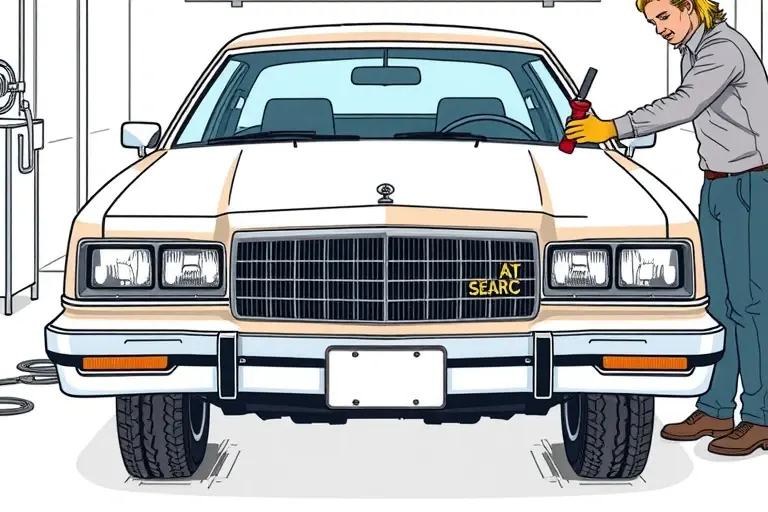 A detailed, realistic illustration of a 1978-1983 AMC Concord sedan from the front, with the windshield being removed and a new windshield positioned for installation. The scene shows a professional mechanic in safety gloves handling the glass, with tools like a suction cup and trim removal tools visible. The car is on a clean garage floor, with focus on the car's body lines and the windshield area, no text or logos.